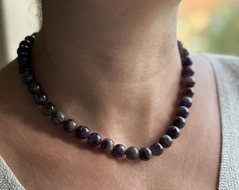 Collier perles améthyste 10mm | collier pierre naturelle | bijou lithothérapie | fait main