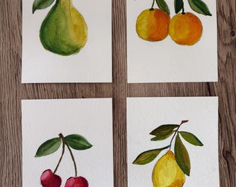 Lot 4 cartes aquarelle fruits | aquarelles originales | cadeau artisanal | idée cadeau Noël fait main