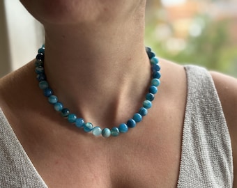 Collier perles agate bleue 10mm | collier pierre naturelle | bijou lithothérapie | idée cadeau Noël fait main