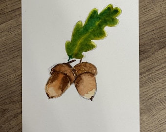 Carte aquarelle feuille de chêne et glands | aquarelle originale | carte postale peinte main | déco automne