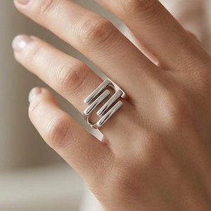 925 Silver Triple Bar Ring, Geometric Open Ring Women, Minimalist Silver Ring, Architectural Ring, Adjustable Ring Gift for Her