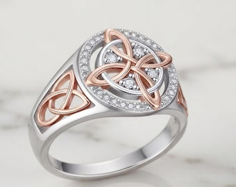 Witch Knot Ring, Bicolor Silver Rose Gold Protection Ring, CZ Celtic Knot Statement Ring, Witchcore Gothic Jewelry, Mystical Gift for Her