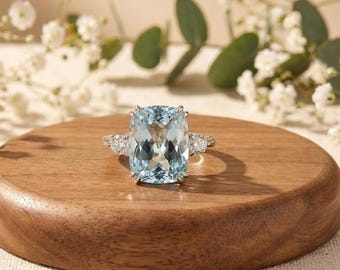 Aquamarinring, Kissenförmiger Aquamarinring, Ring mit Diamantakzent, 925er Sterlingsilber, 14 Karat vergoldet, simulierter Aquamarin