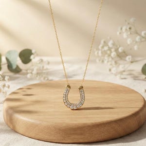 May include: A gold-toned necklace featuring a horseshoe-shaped pendant encrusted with small, clear, sparkling stones. The pendant hangs from a delicate, thin gold-toned chain, creating a simple and elegant piece of jewelry for everyday wear.