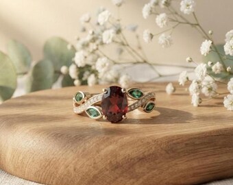 Blood Red Garnet & Green Emerald Ring, Simulated Diamond Ring, 925 Sterling Silver, 14K Gold Plated, Nature Inspired Ring, Gift for Her