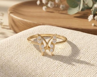 Butterfly Diamond Ring, Simulated Diamond Ring, 925 Sterling Silver Ring, 14K Gold Plated Ring, Minimalist Butterfly Jewelry Gift