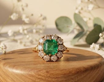 Anillo de esmeralda verde, anillo de halo de esmeralda, anillo de racimo de diamantes, plata de ley 925, chapado en oro de 14 quilates, anillo de esmeralda simulada