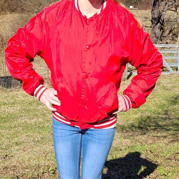 1980's Red Bomber Jacket Vintage Red Satin Jacket 80's Stadium Jacket Nylon Jacket Vintage Athletic Wear 80's Jackets Trophy Jacket