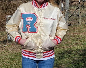 1980's Letterman Jacket High School Varsity Cheer Jacket Satin Cheerleading Letter Jacket 80's Nylon School Jacket Vintage Athletic Jacket