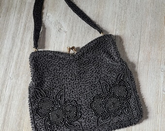 Vintage Black Purse 1950's Beaded Purse Gimbels Black Beaded Purse Beaded Evening Bag With Rhinestone Clasp 50s Purses 50s Accessories