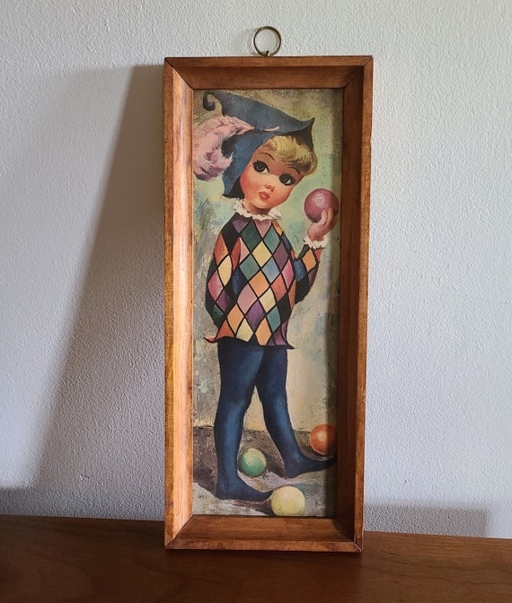 Vintage Big Eye Girl Wall Art Goji Kid Jester Print 60s Big