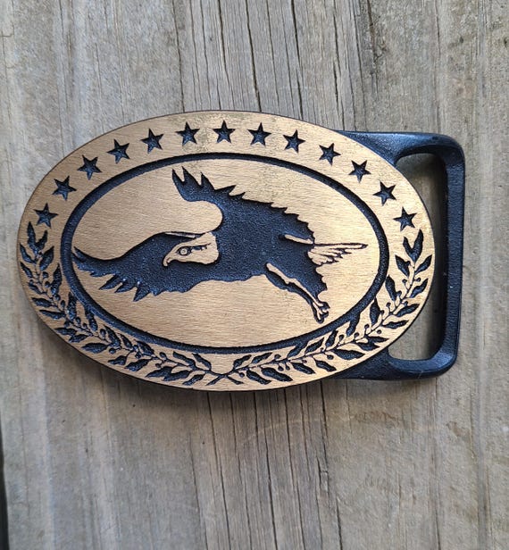 Vintage Bald Eagle Brass Belt Buckle 1970s Brass Belt Buckle Eagle Belt Buckle Oval Belt Buckle Etched Eagle Belt Buckle Men's Belt Buckles