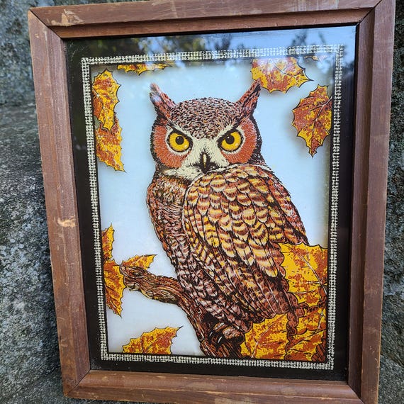Vintage Reverse Glass Owl Wall Art 1970's Owl Wall Picture 80s