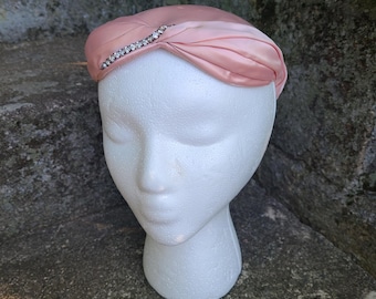 Vintage Pink Satin Calot Hat With Rhinestone Accents Original Belmar Hat 1950's Ladies Hats Vintage Pink Hat 50s Women's  Formal Hats