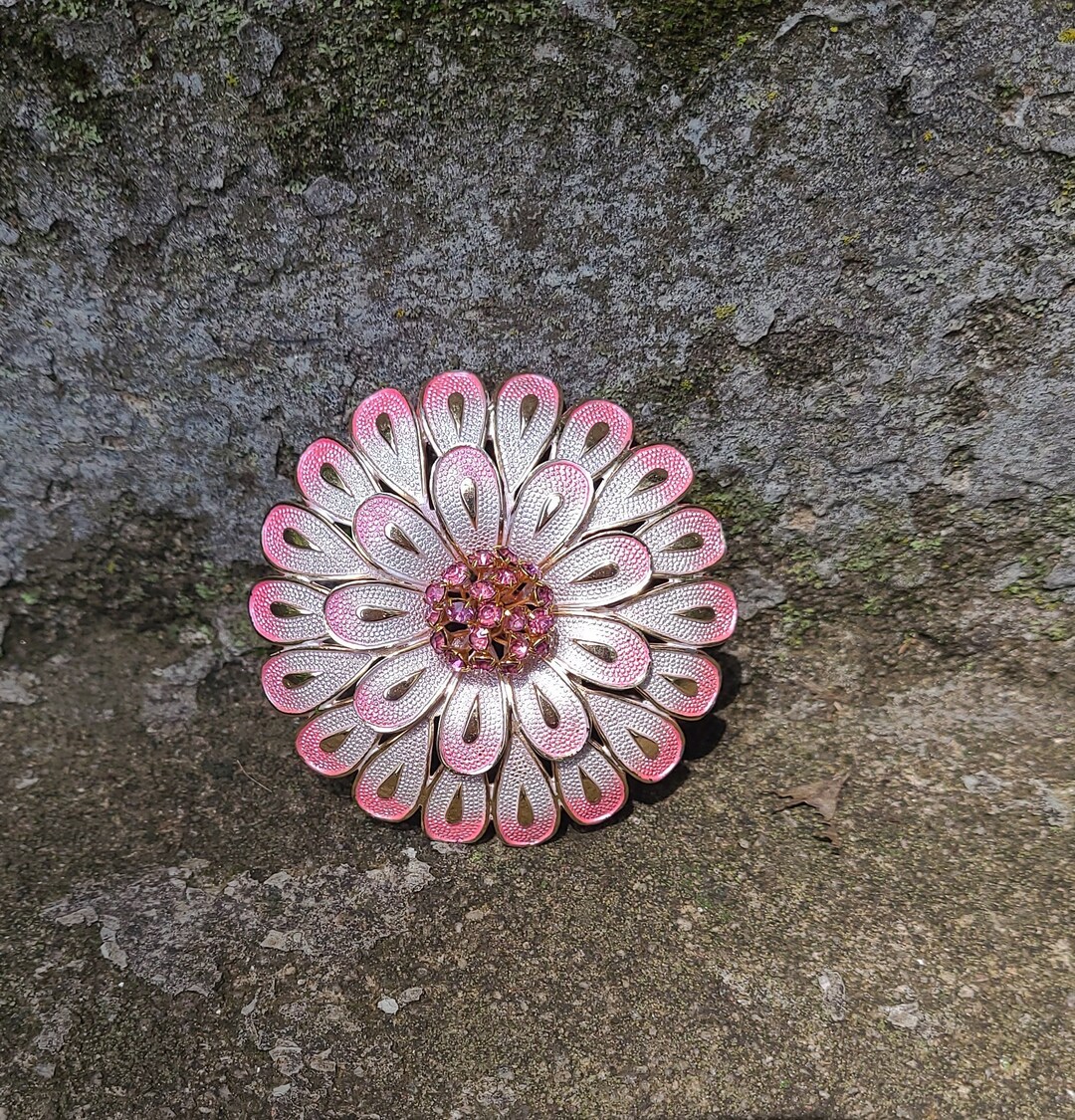 Floral Rustic Pin Vintage Rhinestone Flower Pin 1960's Pink Flower Brooch Vintage Metal ...