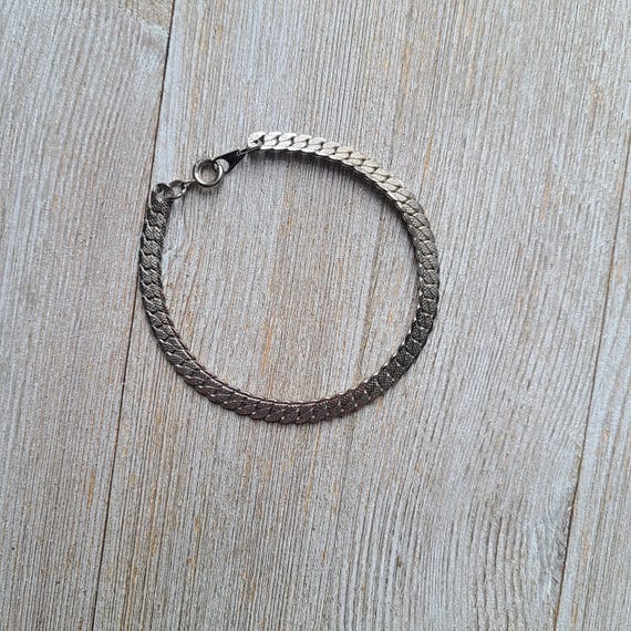 Vintage Silver Flat Curb Chain Bracelet 1980s Silver Chain