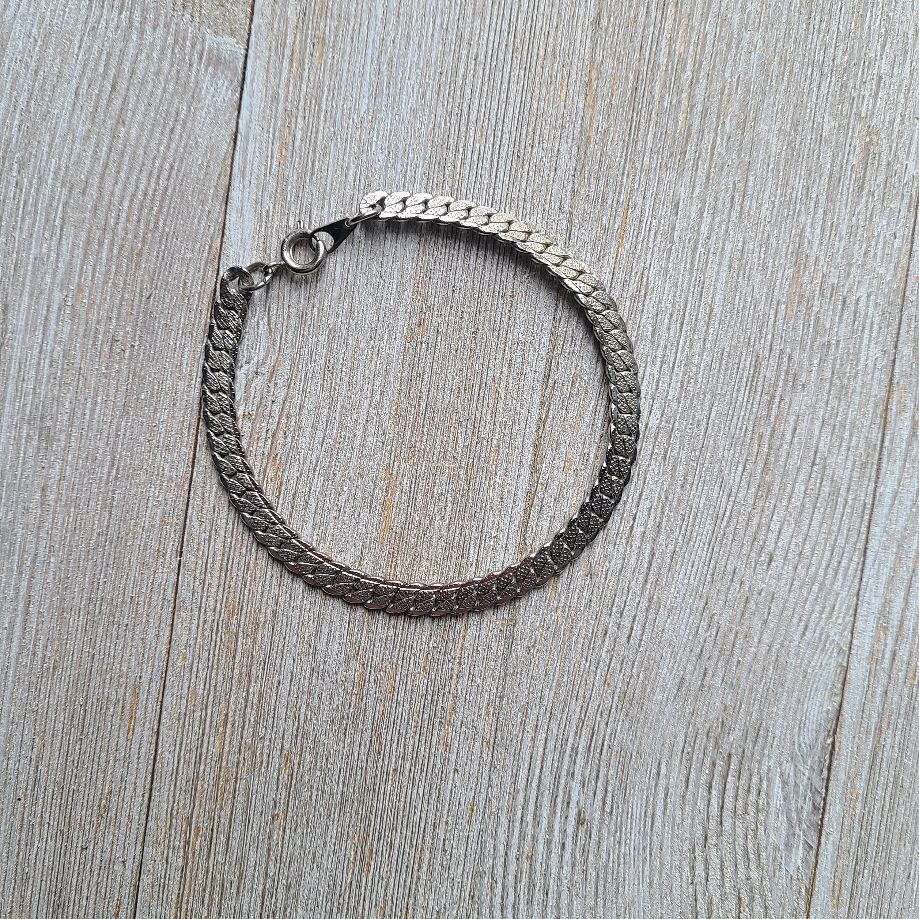 Vintage Silver Flat Curb Chain Bracelet 1980s Silver Chain