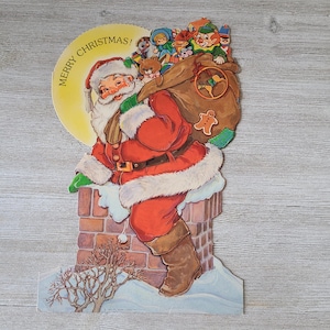 Vintage Santa Die Cut Decoration 1980s Santa Claus Cardboard Picture 1980s Santa With Toys Picture Santa Wall Picture Vtg Christmas Hallmark