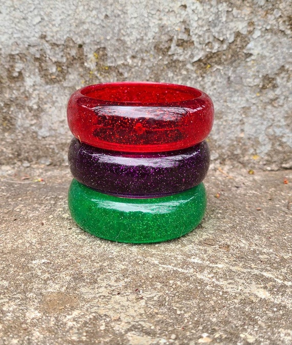 Vintage Lucite Bracelets 60 s Glitter Acrylic Bangles Red Green