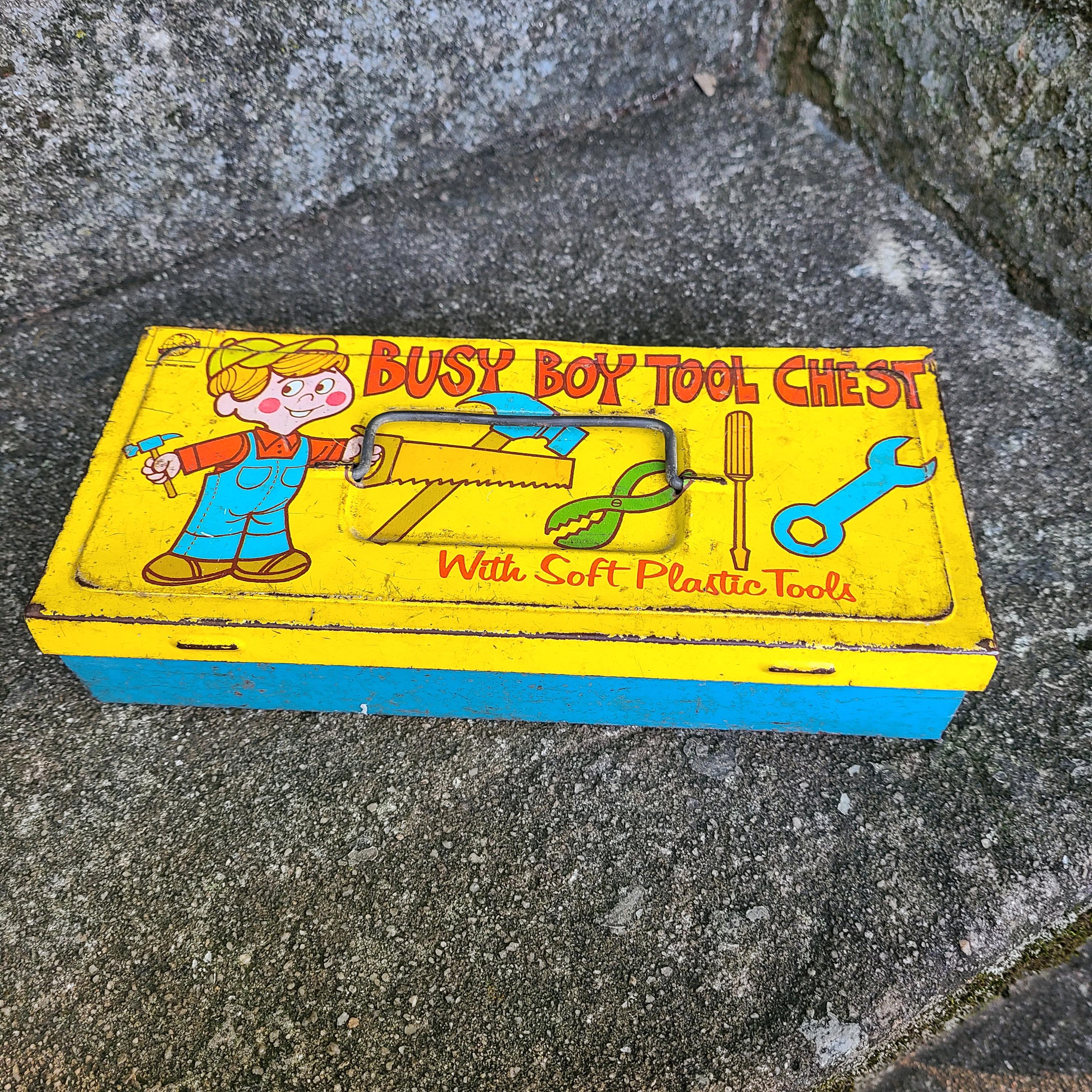 Vintage Metal Kids Tool Box 1960's Metal Busy Boy Tool Chest