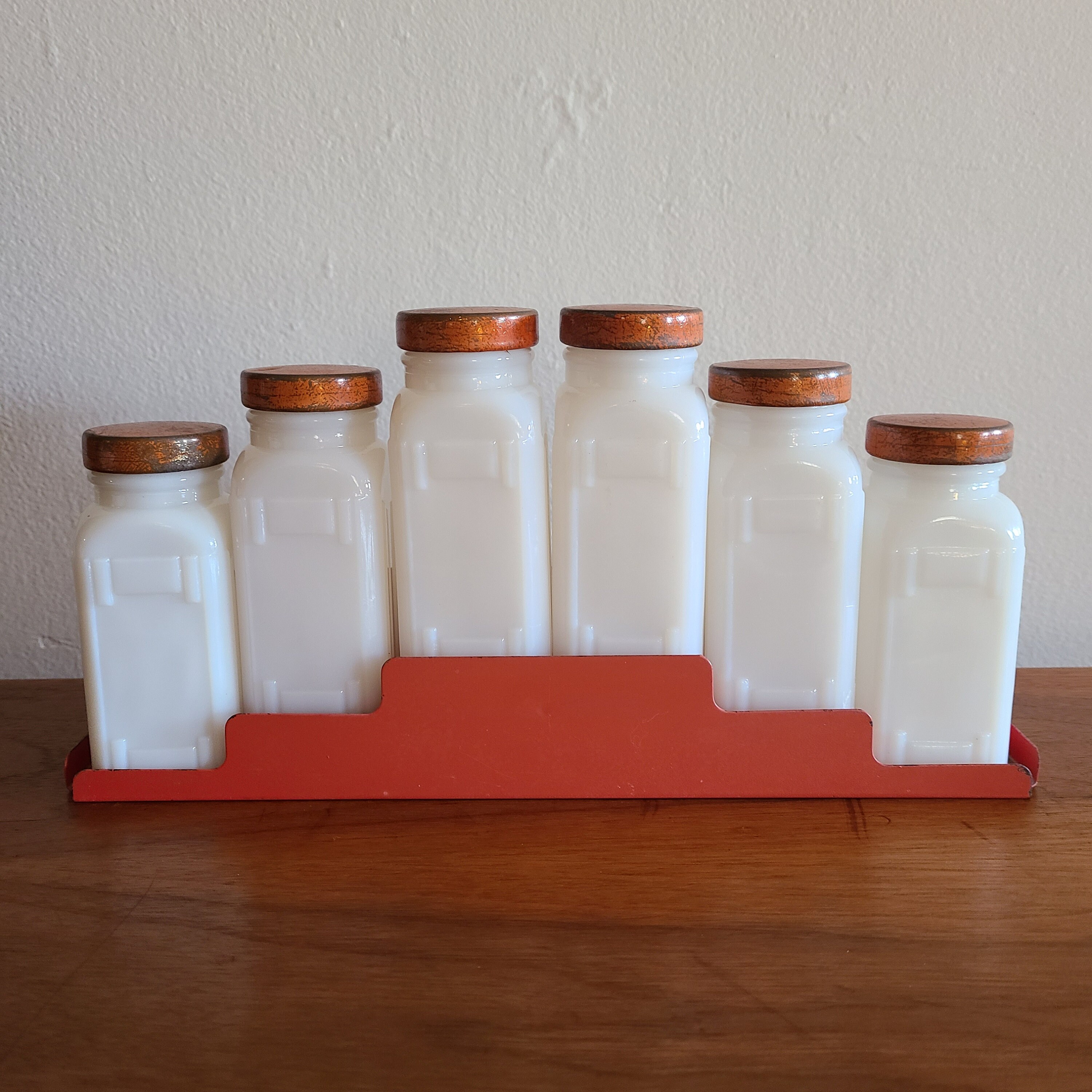 Vintage Milk Glass Bottle Spice Set With Wall Rack Art Deco Spice