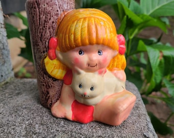 Vintage Ceramic Little Girl Vase 1970's Little Groomster Missy and Kitty Holder For Hairbrush and Comb 70s Cute Planter Vtg Vanity