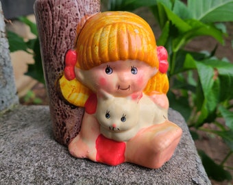 Vintage Ceramic Little Girl Vase 1970's Little Groomster Missy and Kitty Holder For Hairbrush and Comb 70s Cute Planter Vtg Vanity