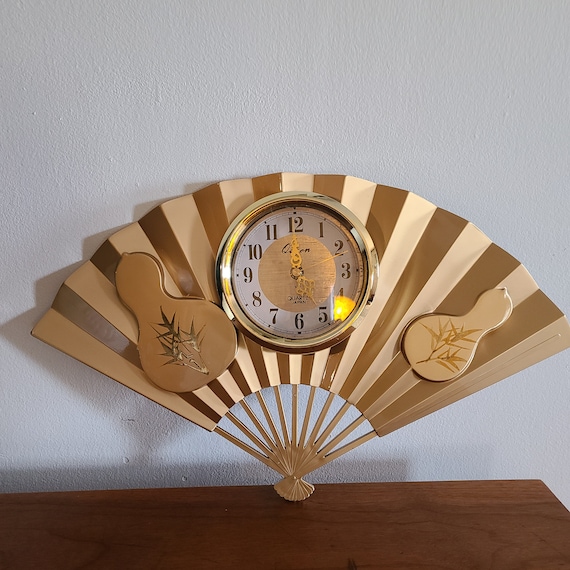 Vintage Gold Fan Clock 1970's Hand Fan Wall Clock Asian Gold Fan