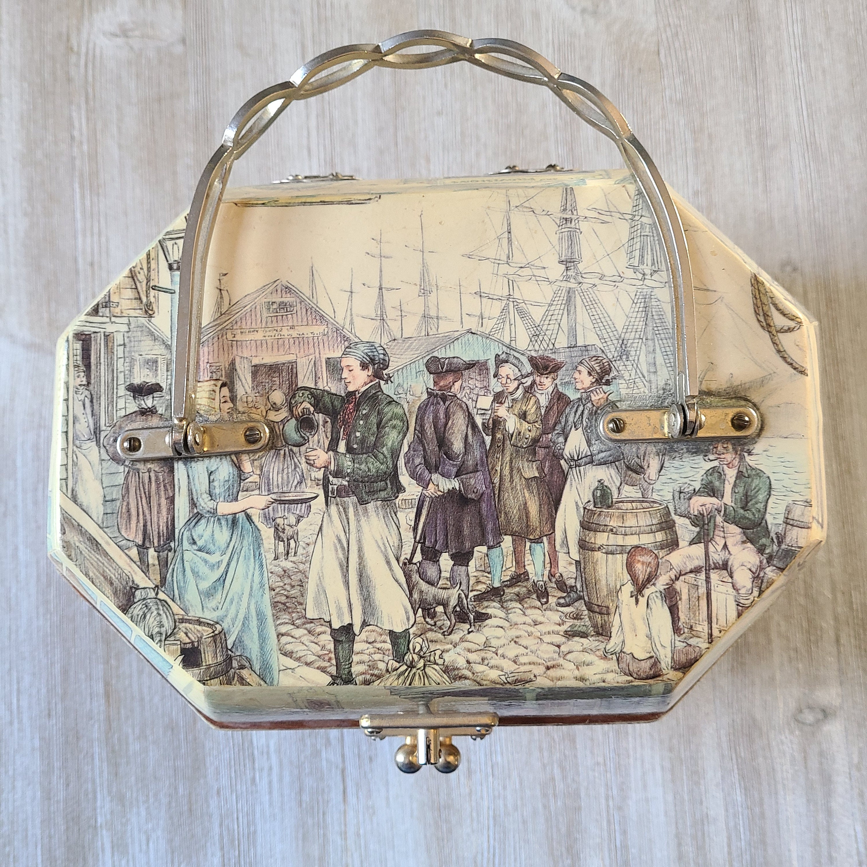 Octagon Wood Purse - Etsy Vintage 1970s Victorian Cottage Octagon Wood Box Purse W/ Handles main image 1