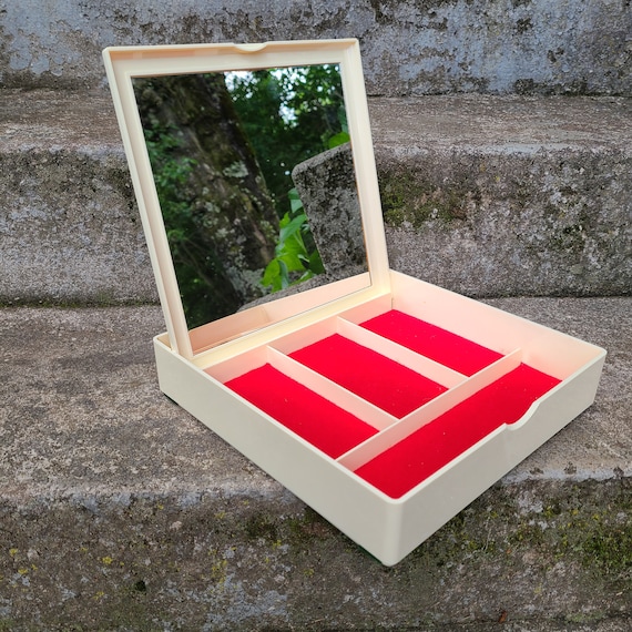 Vintage Estee Lauder Jewelry Box 1990's Estee Lauder Storage Box with Mirror Cosmetic Storage Box Flocked Jewelry Box Ivory Jewelry Box