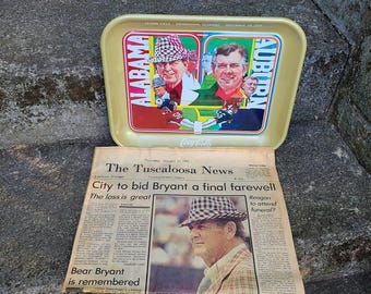 Vintage Bear Bryant Coke Tray and Bear Bryant Newspaper 1970s Metal Tray Football Tray 1980s Newspaper Besr Bryant Memorial Bama Newspaper
