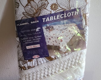 Vintage Tablecloth 1970's Floral Tablecloth Round Tablecloth NOS Tablecloth Brown Flower Power Vinyl Tablecloth 70s Brown Vinyl Tablecloth