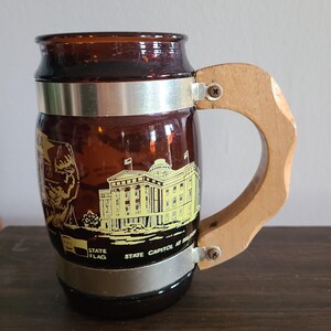 Vintage Souvenir Glass 1960s North Carolina Souvenir Amber Mug Barrel Shaped Souvenir Mug with Wooden Handle 70s North Carolina Souvenir