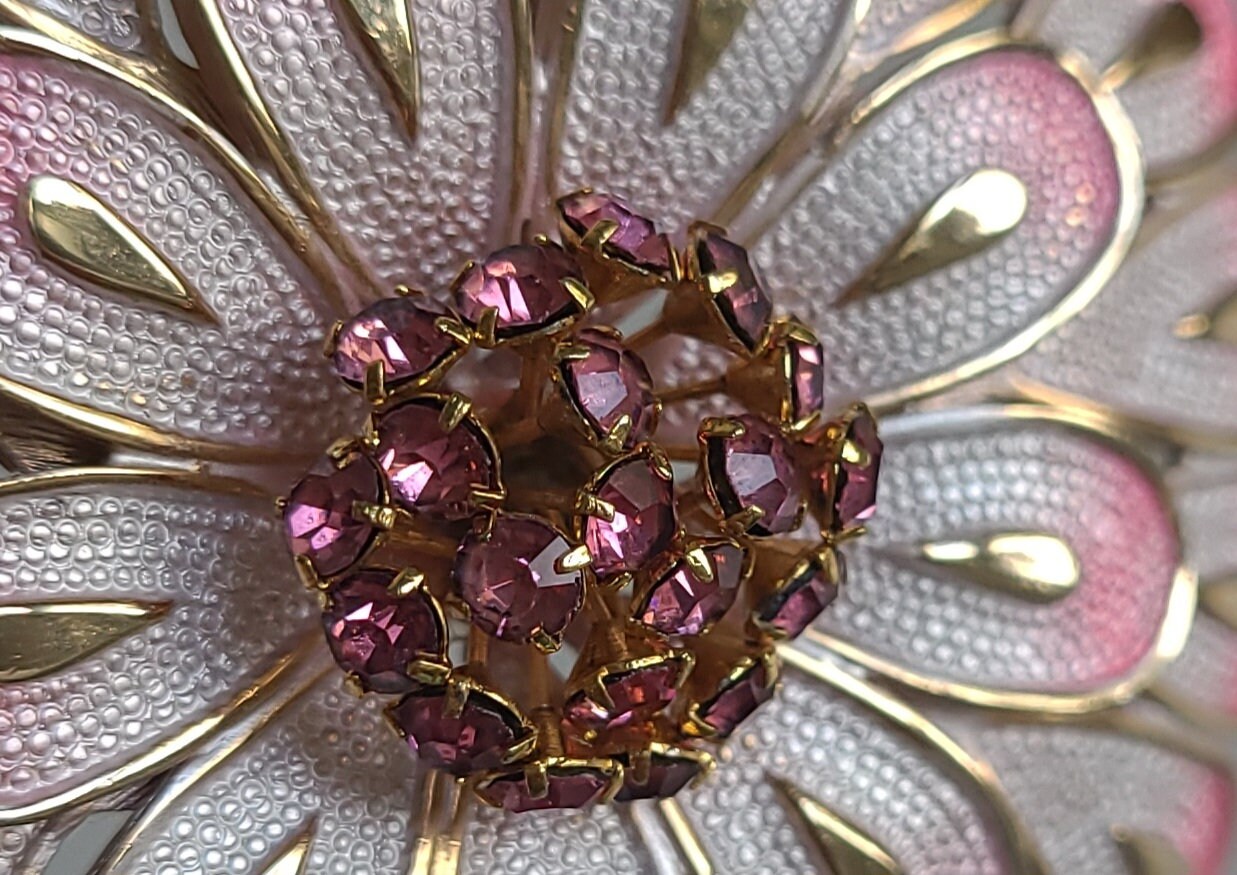 Vintage Rhinestone Flower Pin 1960's Pink Flower Brooch