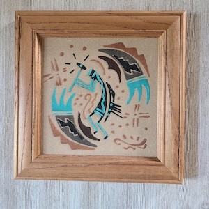 Vintage Navajo Sand Painting with Kokopelli Design 1980s Medicine Man Sandpainting Symbol of Healing Navajo Framed Sandpainting 80s Wall Art