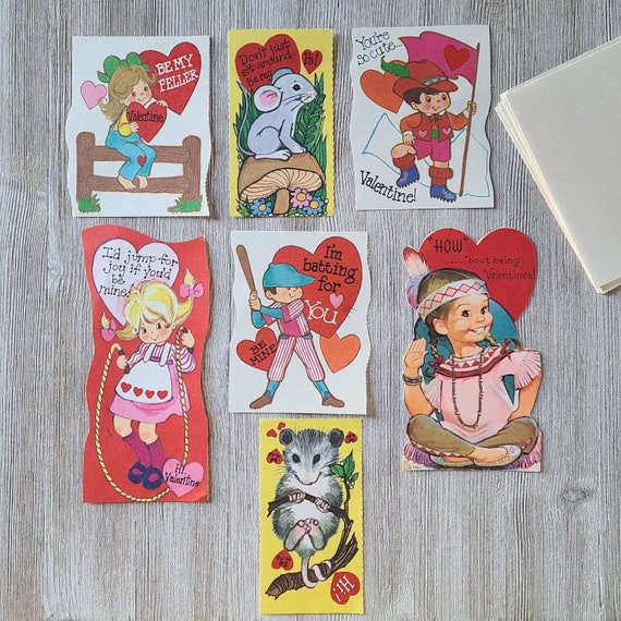 Vintage Valentine's Day Cards Set of 7 1970's Valentines Small