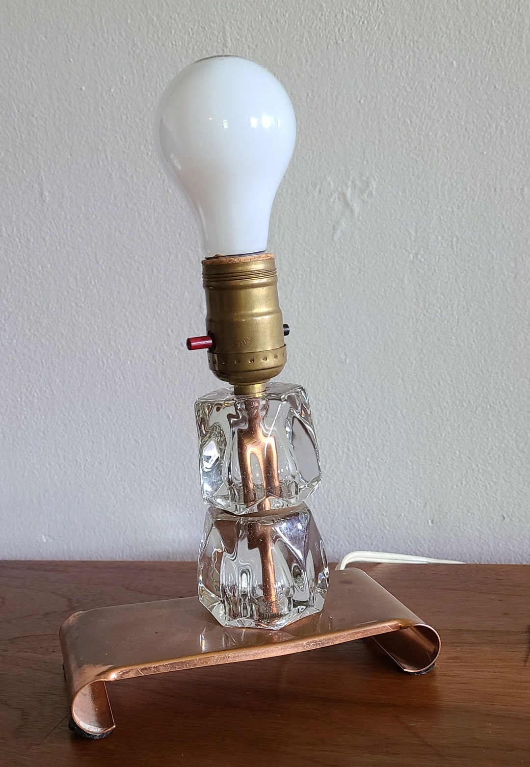 Vintage Table Lamp Ice Cube Table Lamp 1960's Glass Lamp Clear Glass Lamp With Copper Base