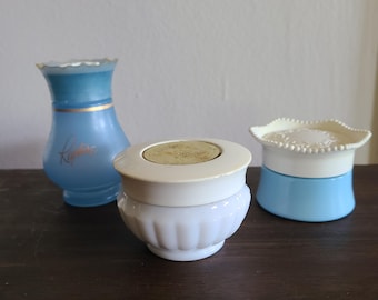 Vintage Avon Bottle Blue & White Avon Jars 1960s Empty Blue Powder Jar Avon Cream Sachet Perfume Jar Blue Vanity Glass Jars 60s Avon Rapture