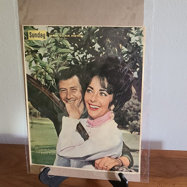 Vintage Movie Star Picture 1960's Newspaper Photo Elizabeth Taylor and Eddie Fisher Front Page Movie Star Newspaper New York News Coloroto