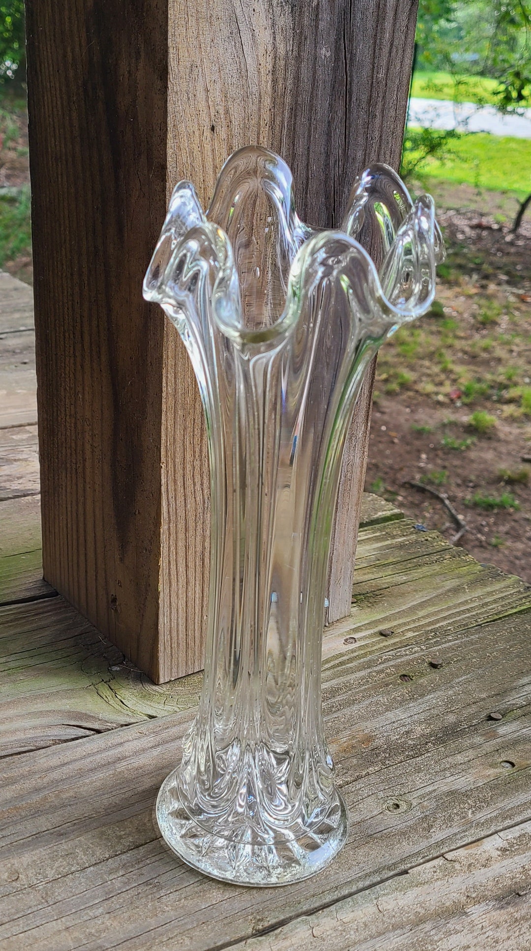 Vintage Clear Swung Vase 6 Finger Swung Vase Tall Glass Vase Mid