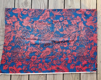 Vintage Floral Barkcloth 1960's Red and Blue Floral Bark Cloth Fabric 50s Barkcloth Fabric Unusual Barkcloth Fabric Blue and Red Fabric