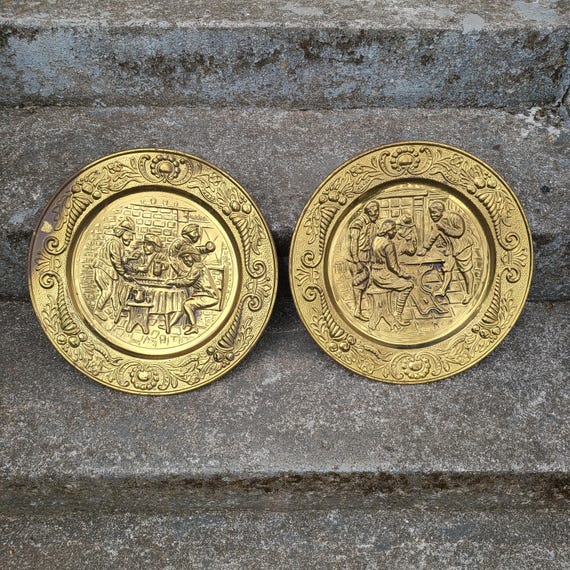 Vintage Metal Colonial Tavern Wall Plates 1960 Brass Wall Decor