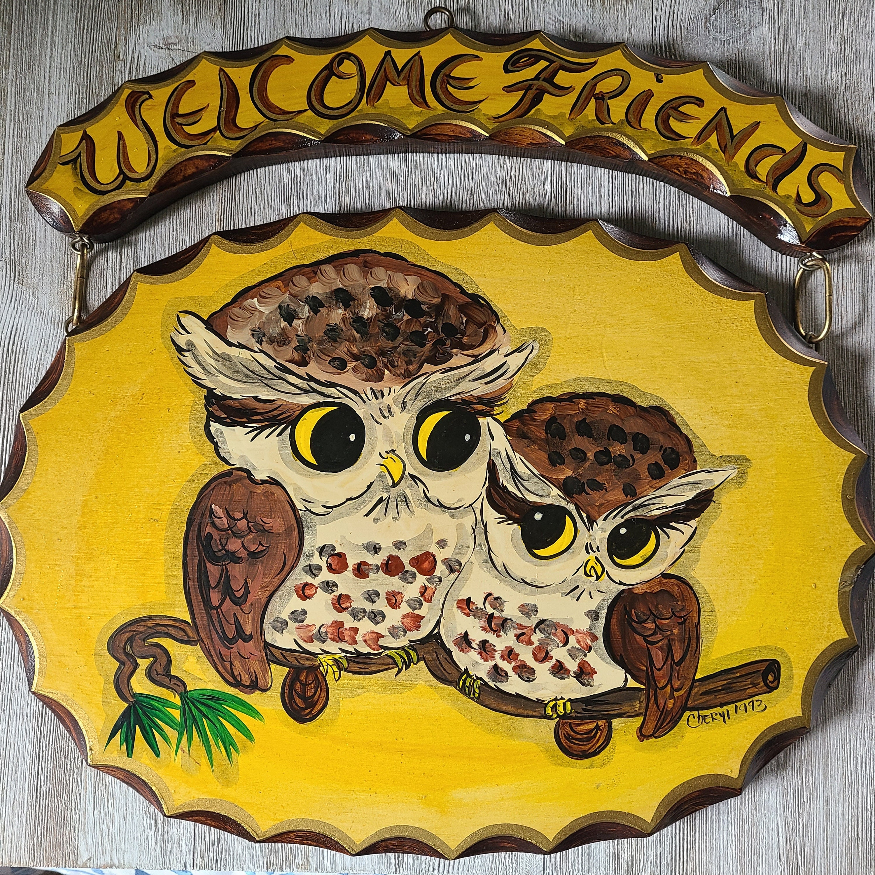 Vintage Welcome Friends Sign 1990's Wooden Owl Welcome Sign