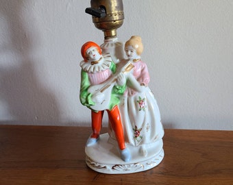Vintage Porcelain Couple Table Lamp 1950's Mandolin Player With