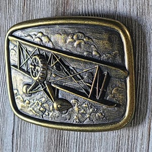 Vintage Airplane Brass Belt Buckle 1980s Avon Bi-Plane Brass Belt Buckle Aviation Belt Buckle 80s Plane Belt Buckle 80s Avon Belt Buckle