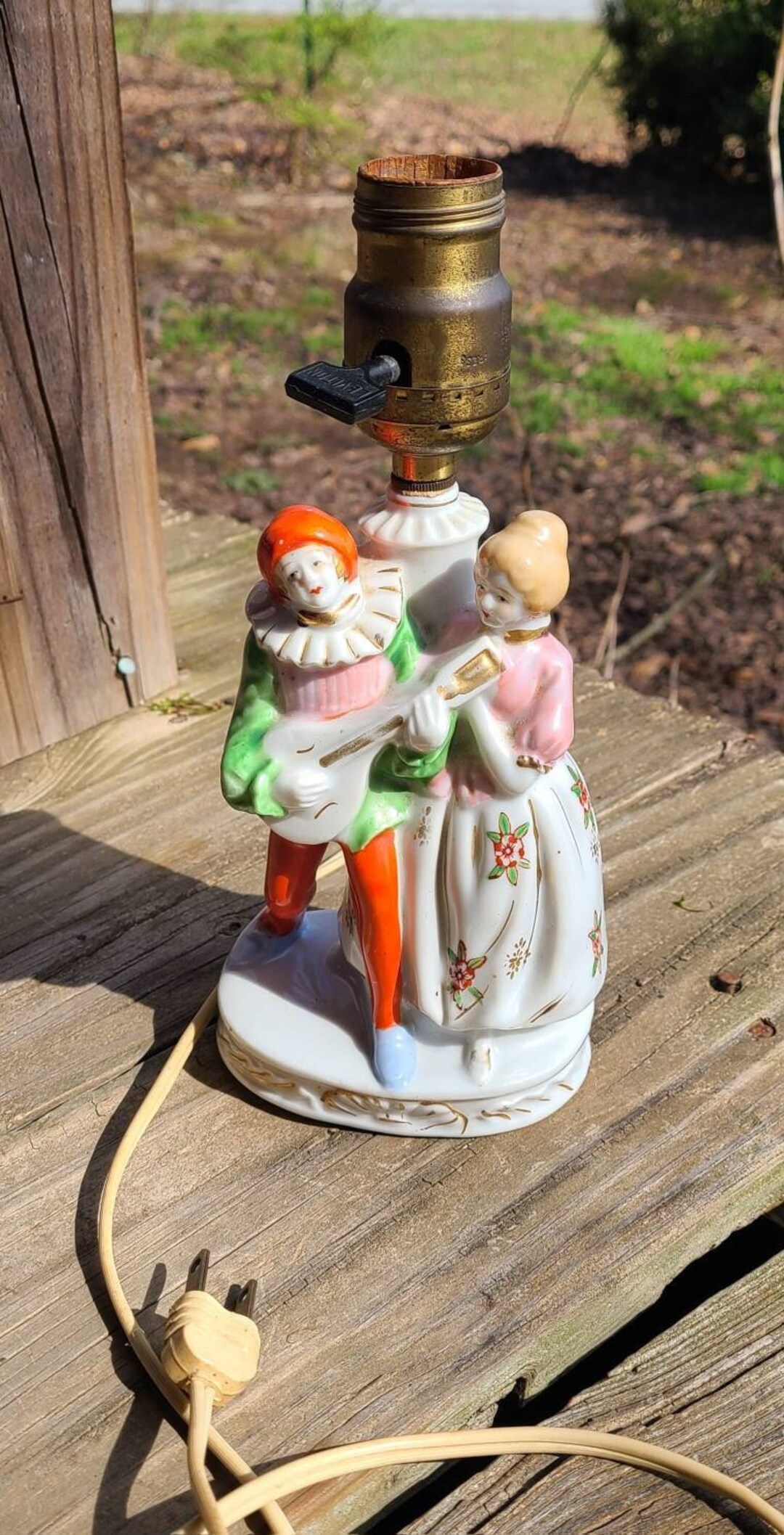 Vintage Porcelain Couple Table Lamp 1950's Mandolin Player With