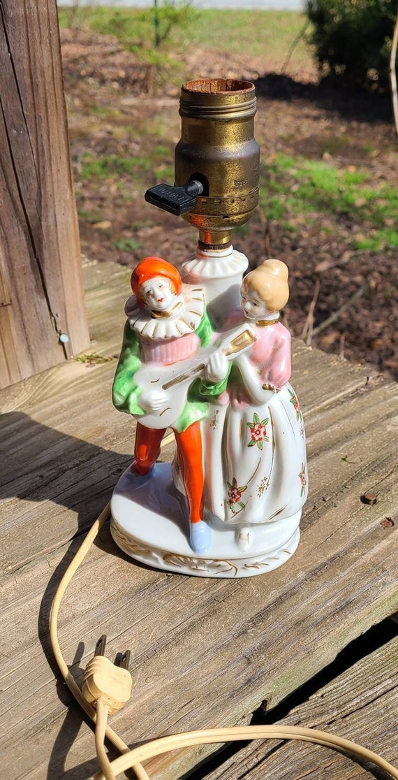 Vintage Porcelain Couple Table Lamp 1950's Mandolin Player With