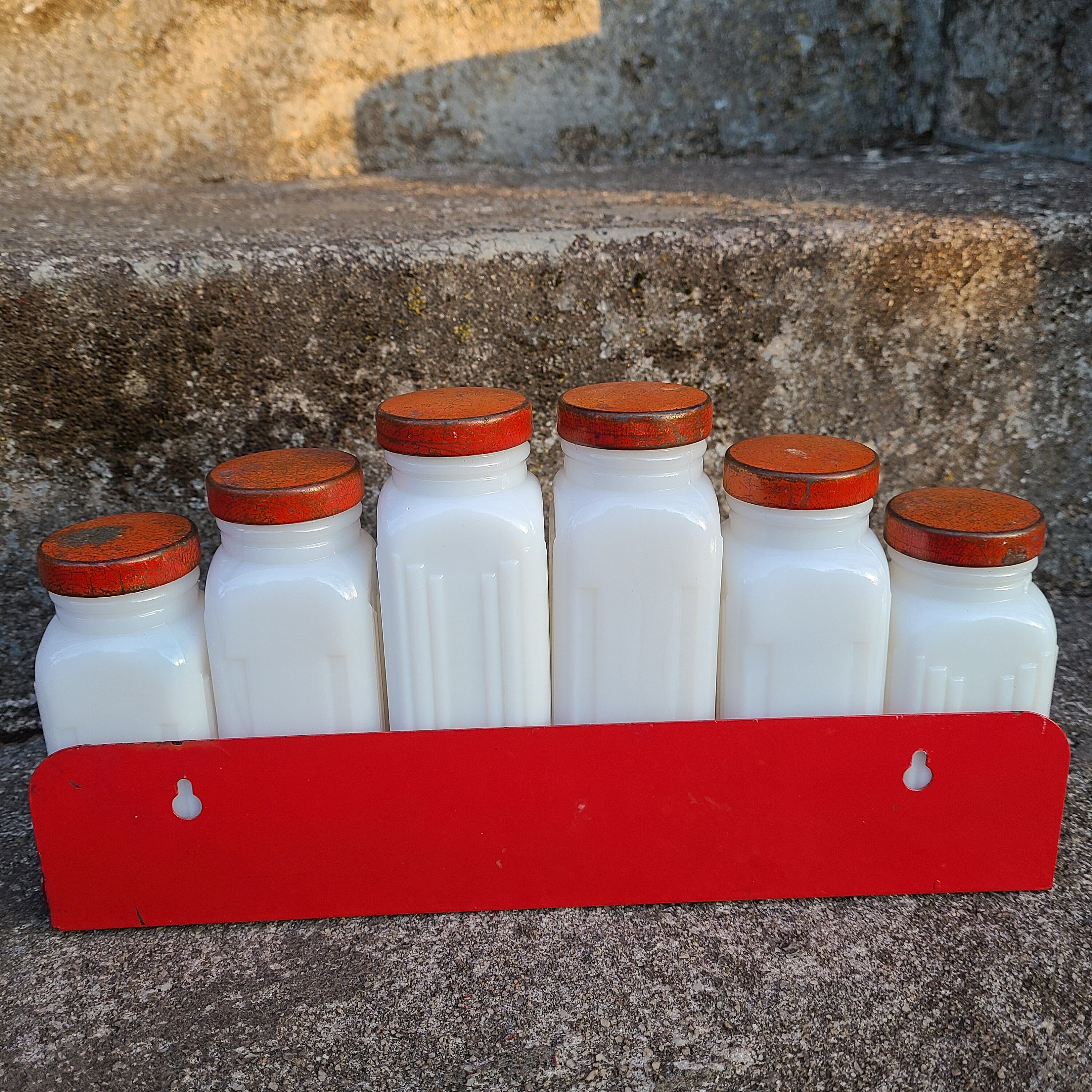 Vintage Milk Glass Bottle Spice Set With Wall Rack Art Deco Spice