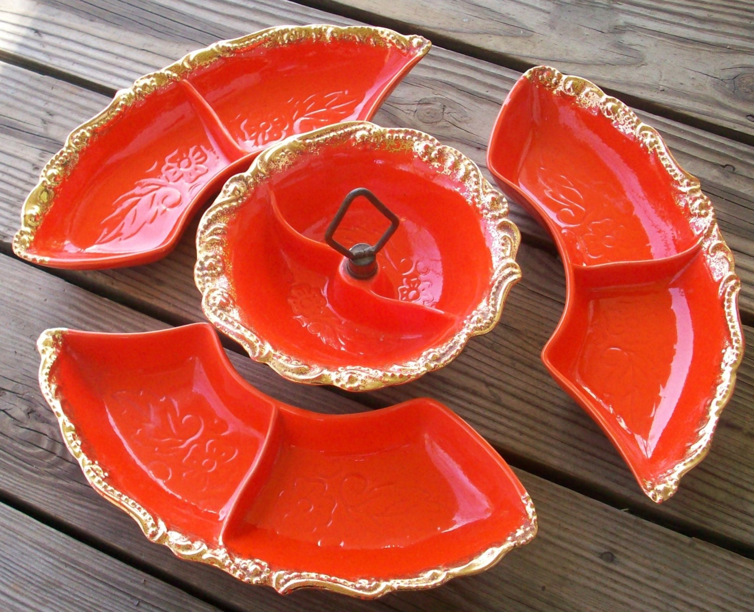 Mid Century, Lazy Susan Set, USA Pottery, Brown Yellow Mustard, Glazed Pottery,  Turntable Included, Vintage, Chip and Dip Set, Party Serving 