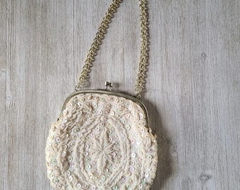 Vintage Sequin Beaded Purse Ivory Beaded Purse with Gold Tone Chain Handle 1970's Beaded Small Purse Satin Beaded Purse with Sequins